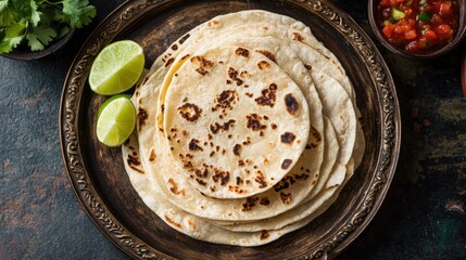 Aerial view of a serving tray with freshly made corn tortillas, stacked neatly, accompanied by salsa and lime wedges.