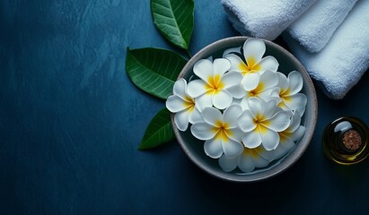 Banner for an online spa service featuring white frangipani flowers in water, towels and leaves alongside it. The background is a dark blue with gold bokeh creating a tranquil and aroma atmosphere