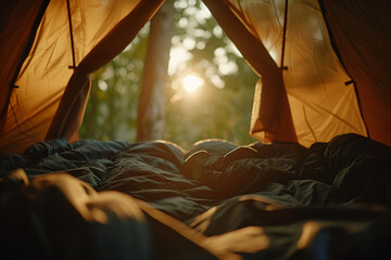 peaceful morning view from inside a tent as the sun rises