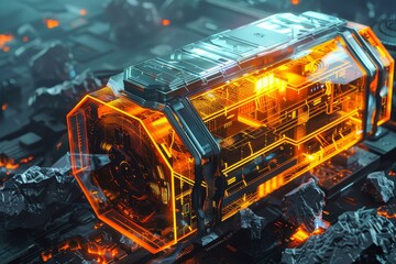 Poster - futuristic computer atop burning fire, illustrate the concept of mining cryptocurrency through power
