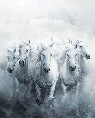 Wall Mural - Majestic White Horses Galloping Through a Darkened Landscape