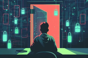 Poster - A person sitting at a desk, looking out into a room filled with padlocks, Illustrate the concept of multi-factor authentication for online privacy