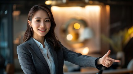 a woman in a business suit with a confident smile. she extends her left hand with her index finger o