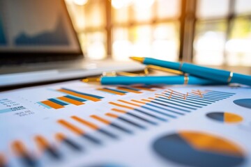 A laptop, pens, and graphs arranged on a desk, illustrating the effectiveness of marketing campaigns, Illustrate the effectiveness of marketing campaigns through ROI data