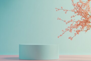 Poster - Calm Pastel Blue Podium in Serene Pink Field with Wildflowers During Daytime – High-Quality Stucco Material and Creative Flower Petal Arrangement