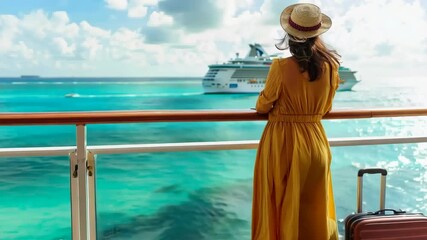 Wall Mural - Embracing the sun, a woman gazes at stunning turquoise waters and a majestic cruise ship, ready for an unforgettable adventure
