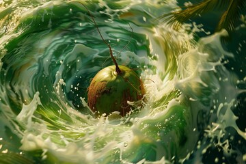 Poster - Coconut floating in the water, Illustrate the fantastical sight of a coconut floating amidst a mesmerizing swirl of coconut water