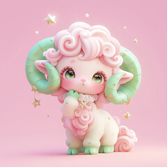 Canvas Print - Zodiac sign aries cute cartoon ram with stars on its horns. The ram is sitting on a pink background