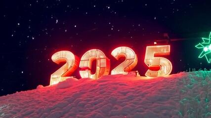 Poster - Neon 2025 sign with garlands on the snow hill to celebrate New Year