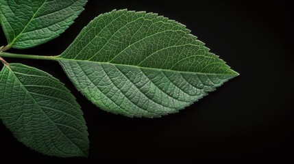 Wall Mural - Close-Up of Green Leaf Detailing Its Texture Against a Dark Background