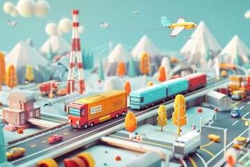 Poster - 3D illustration showcasing a bustling city with trains and planes in motion, Illustrate the seamless integration of different transportation modes in a creative way