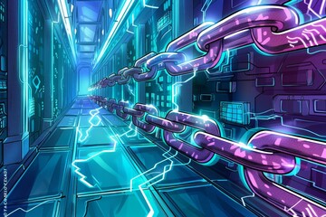 Poster - Illustration of a tunnel secured by chains, with electricity bolts striking the environment, Illustrate the security features of blockchain technology