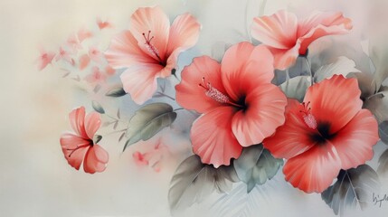 Canvas Print - Vibrant Hibiscus Flowers Blooming in Soft Pastel Background