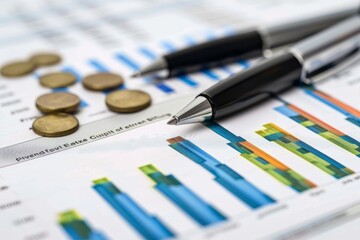 Canvas Print - A pen and coins placed on top of a detailed financial report, illustrating financial analysis and decision-making, Illustrate various revenue streams and pricing strategies for a business plan