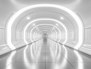 Wall Mural - Abstract illuminated empty white corridor interior made of shiny metal