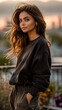 © Cary - woman long hair standing balcony city background portrait princess golden hour look rose black hoodie full face short cute huge pockets interest luxurious neckless cap