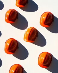Poster - Vibrant Red Fireman Helmets Pattern on Soft White Background with Shadows, Creating Depth and Contrast, Evoking a Sunny Day