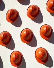 Poster - Vibrant Red Fireman Helmets Pattern on White Background in Sunny Day - Clean, Repetitive Design with Depth and Color Contrast