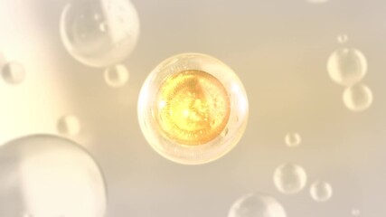 Poster - 3D animation Cosmetics many atoms floating in droplets. Collagen bubbles Design. Moisturizing Cream and Serum Concept. Vitamin for health care and beauty concept