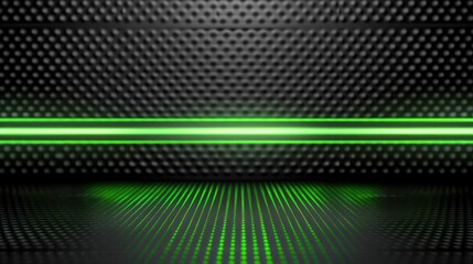 Sleek green neon lines on dark backdrop, green neon glowing stripes on black luxury smooth shiny metal background. 