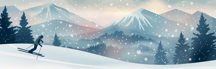 Wall Mural - Winter Landscape With Snowfall and Skier in the Mountains at Dawn