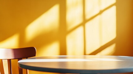 Poster - Serene Morning Light on Minimalist Yellow Stucco Table and Wooden Chair in Retro-Themed Room