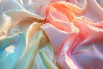 Poster - Aerial View of Symmetrical Pattern of Vibrant Iridescent Fabrics with Soft Natural Lighting Creating Intricate Geometric Designs and Textured Backgrounds