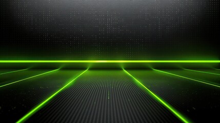 Sleek green neon lines on dark backdrop, green neon glowing stripes on black luxury smooth shiny metal background. 