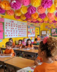 Poster - Lively Classroom with Engaged Elementary Students and Smiling Female Teacher in Bright, Colorful Setting During Daytime