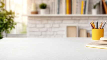 Poster - Serene Library, Empty Stucco Table with Study Decorations and Natural Soft Light, Daytime Minimalist Composition