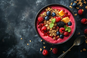 Wall Mural - A vibrant smoothie bowl is adorned with granola, assorted berries, and a drizzle of honey, resting on a dark, textured surface