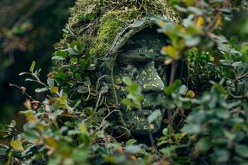 A man in camouflage clothing is concealed behind bushes, likely hunting or observing, Imagine a hunter using camouflage to blend into their surroundings