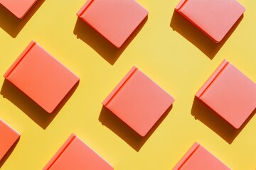 Poster - Vibrant Red Notebooks on Yellow Background with Consistent Patterning Creating Depth and Contrast