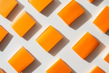 Poster - Bright Orange Notebooks Arrangement on Soft White Background Clean, Vibrant, Repetitive Pattern Evoking a Crisp Sunny Day Atmosphere