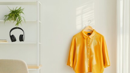Poster - Minimalist Study Composition with Bright Orange Shirt, Vibrant White Bookshelf, Modern Black Headphones, Elegant Writing Desk, and Soft Fabric Chair in Natural Diffused Daylight