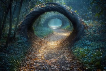 Wall Mural - natural forest archway formed by intertwining branches dappled sunlight filters through leaves creating an enchanting pathway rich in organic textures and depth