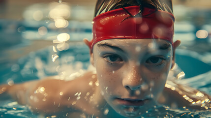 A boy wearing a red cap swimming freestyle in a pool.