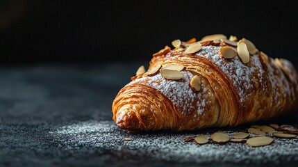 A rich almond croissant with slivered almonds and powdered sugar on top, sitting on a dark charcoal concrete surface, the contrast highlighting its texture