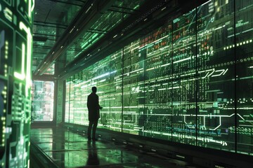 Wall Mural - A man stands in front of a computer screen, focusing on the display, Imagine a world where personal data is currency - how would that look visually?