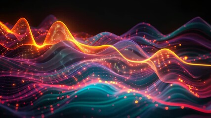 Poster - mesmerizing digital visualization of financial data in abstract colorful waves - night time artistry