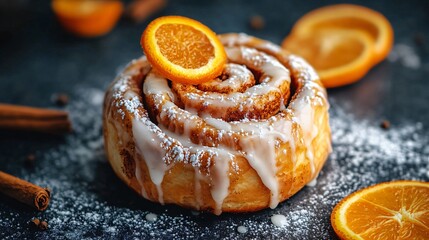 A vibrant orange cinnamon roll with a generous drizzle of icing, resting on a dark charcoal concrete surface, with a few orange slices as garnish