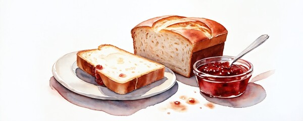 Freshly baked loaf of bread with a jar of vibrant red jam on a table