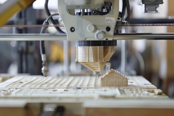 Poster - a 3d printer in action, creating a wooden house with precise technology and innovative construction 
