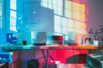 Poster - a room illuminated by a multitude of differently colored lights creating a vibrant and dynamic atmos
