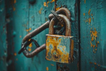 Poster - A padlock fastened securely on a weathered green wooden door, Implementing two-factor authentication for added protection