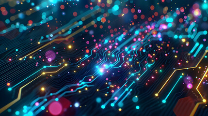 Wall Mural - Abstract 3D Circuit Board Background with Glowing Lines and Lights