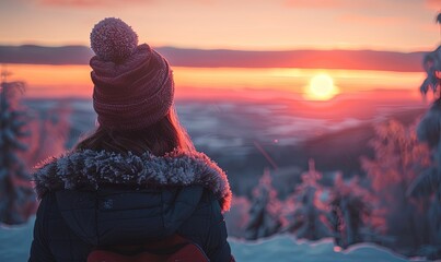 Wall Mural - Anonymous woman watching the sunset on the snowy mountain