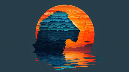 Canvas Print - a lion is shown in the center of a blue and orange background. the lion is surrounded by water and t