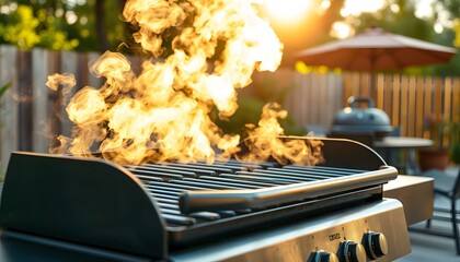 Close-up view of a steaming grill on a backyard patio on sunny summer evening isolated with white highlights, png