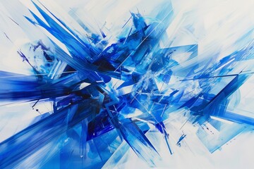 Poster - Geometric shapes and lines in a vibrant abstract painting dominated by blue and white hues, Incorporate geometric shapes and lines to enhance the sense of movement and energy in a blue explosion